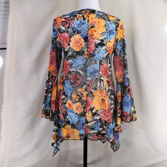 NWOT Dor Dor Couture Bursting Colors Huge Bell Cuffs w Flaring Skirt Tunic Top S - Picture 8 of 16